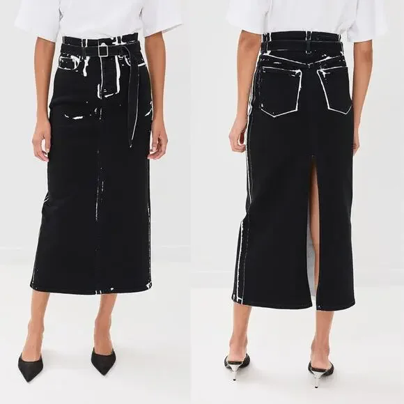 Proenza Schouler | Calder Skirt in Black Multi Contrast Printed Denim Pencil 25 - Picture 2 of 14